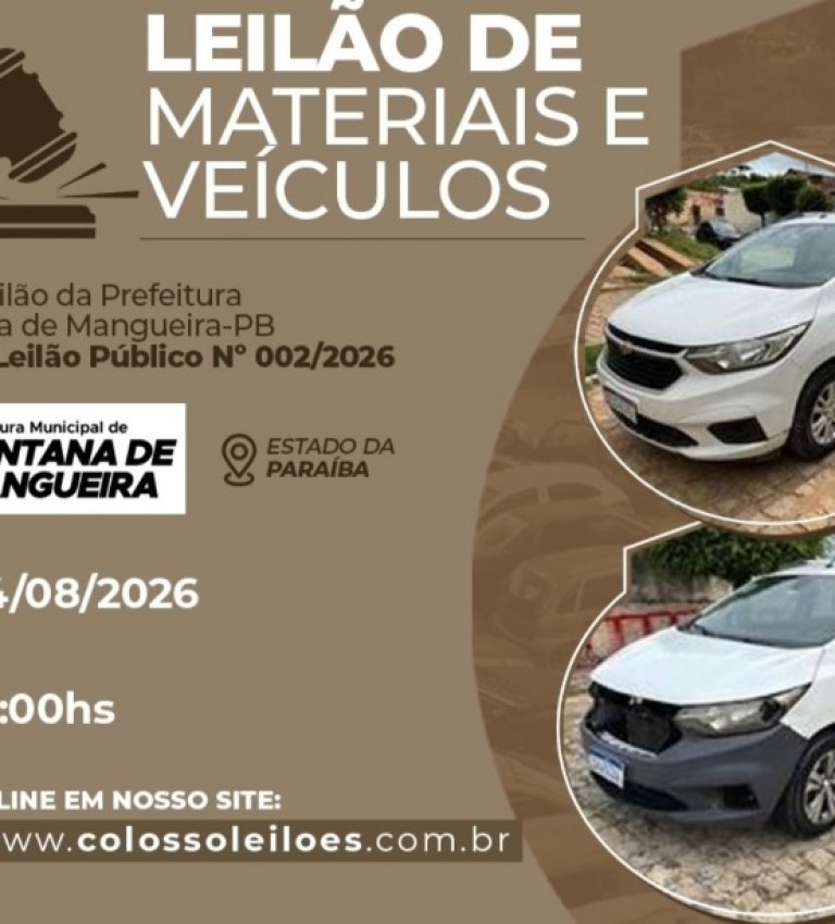 Leil�o divulgado pela Prefeitura de Santana de Mangueira acontece nesta ter�a-feira (4); saiba como participar